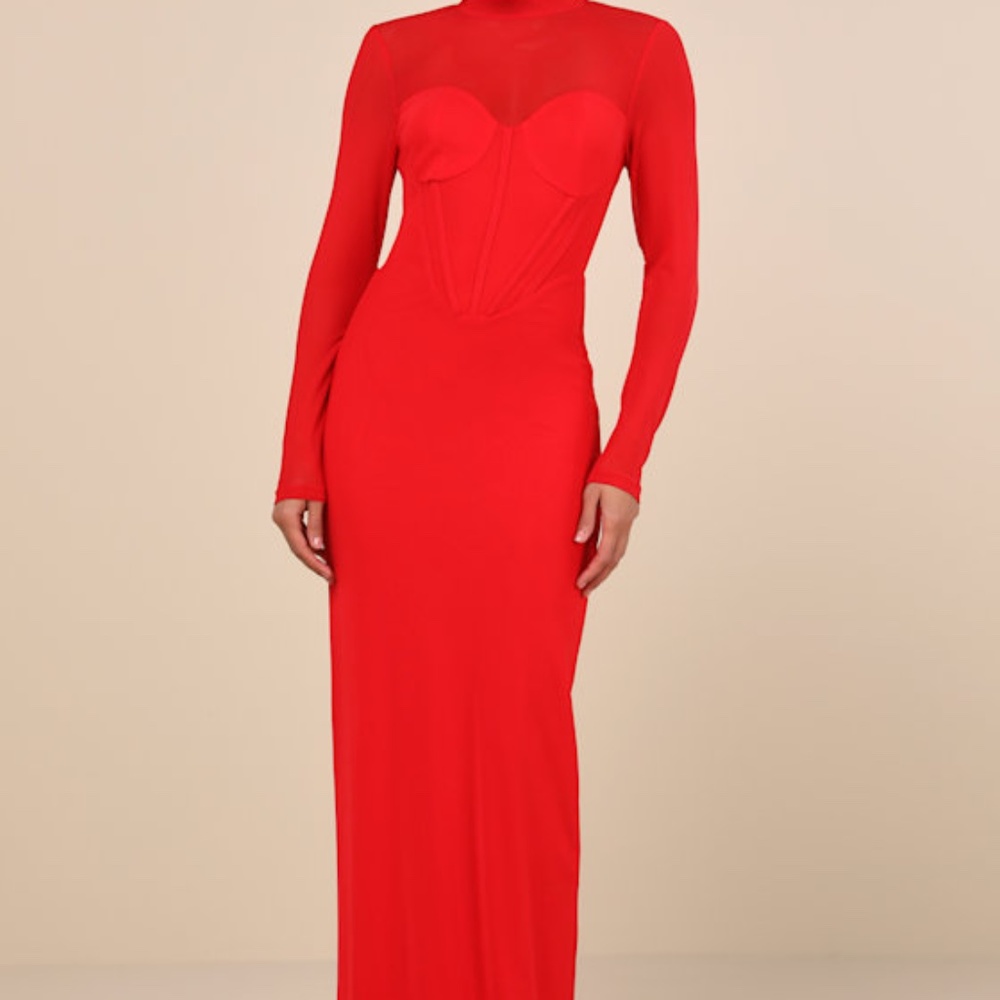 Sensational Appeal Red Mesh Cutout Long Sleeve Maxi Dress